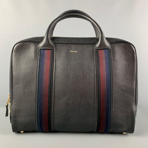 PAUL SMITH Black Pebble Grain Stripe Trim Leather Briefcase Bag