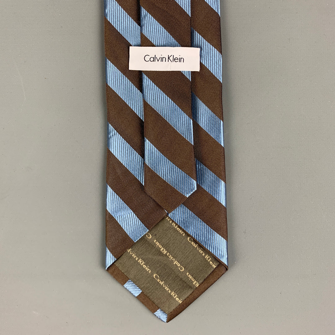 CALVIN KLEIN Brown Blue Stripe Silk Tie