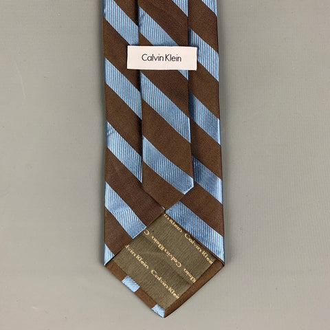 CALVIN KLEIN Brown Blue Stripe Silk Tie