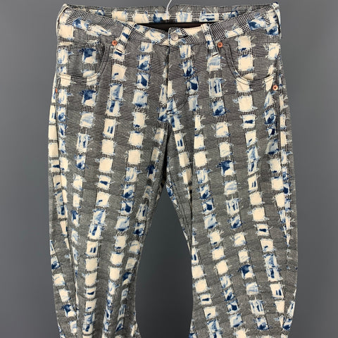 JOHN GALLIANO Size 32 Black & Blue Print Cotton Button Fly Curved Leg Pants
