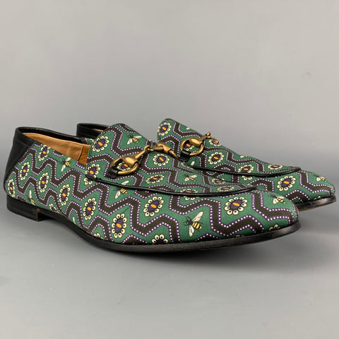 GUCCI Brixton Talla 9 Mocasines sin cordones de lona con estampado de abejas verdes y negros