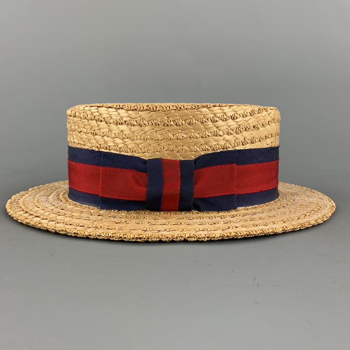 HERBERT JOHNSON Size 7 1/8 Straw Woven Red & Navy Grosgrain Boater Hat