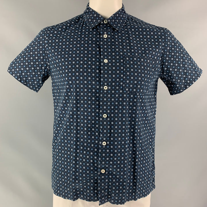 A.P.C. Size L Navy Geometric Cotton &  Silk Button Down Short Sleeve Shirt