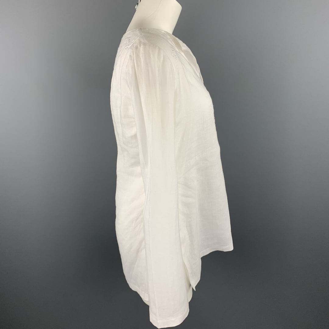 RALPH LAUREN Black Label Talla 8 Blusa túnica de lino bordada blanca