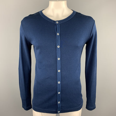 S.N.S HERNING Size M Navy Striped Trim Cotton Crew-Neck Cardigan