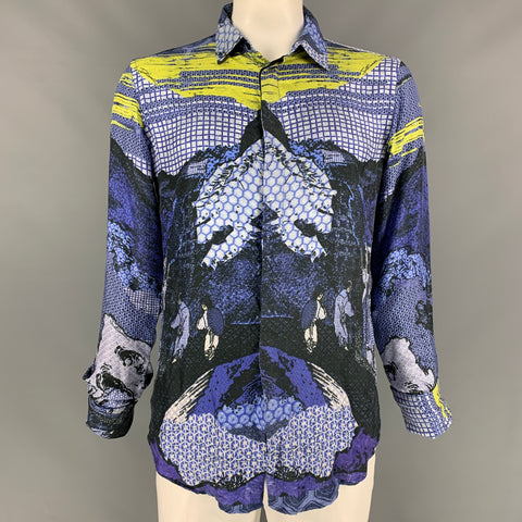 JUST CAVALLI Taille XL Chemise à manches longues boutonnée en soie graphique violette et jaune