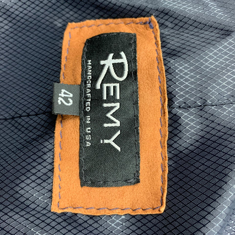REMY Size 42 Navy Tan Leather Zip Up Jacket