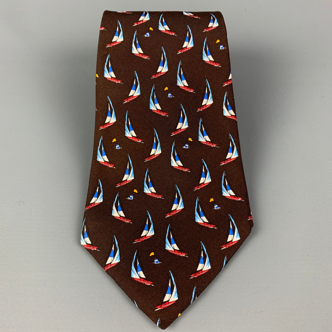 ETRO Brown Print Sailboat Print Silk Tie