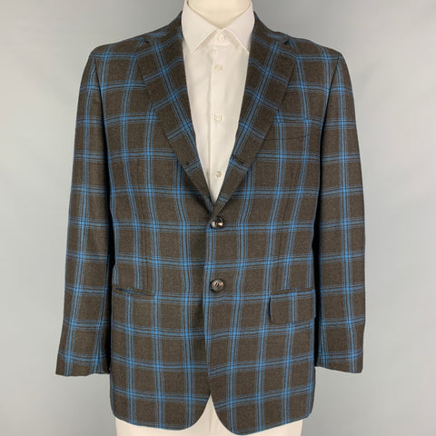 KITON Size 44 Brown Blue Plaid Cashmere Notch Lapel Sport Coat