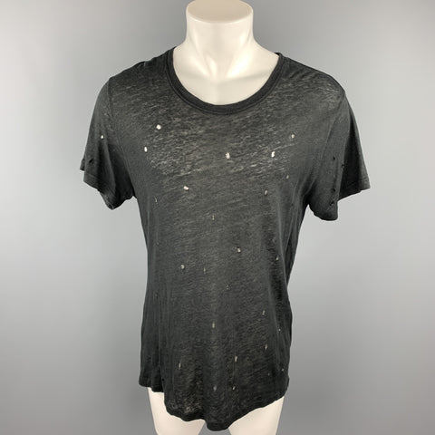 IRO Size M Black Distressed Linen Crew-Neck T-shirt