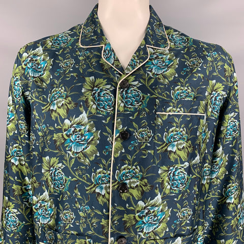 BURBERRY Fall 2016 Size L Navy & Green Floral Silk Pajama Long Sleeve Shirt