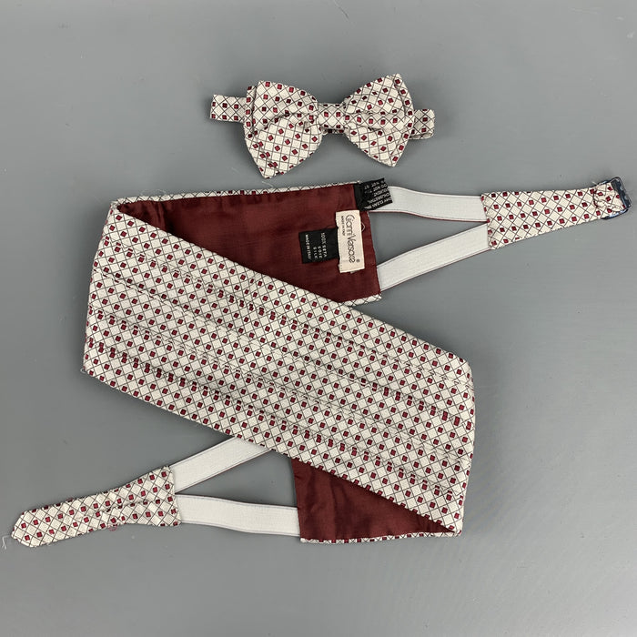 Vintage GIANNI VERSACE Silver & Burgundy Woven Silk Cummerbund & Bow Tie Set