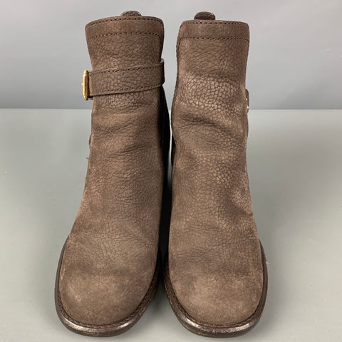 LOUIS VUITTON Talla 5.5 Botas de tacón grueso de cuero marrón con grano de guijarro