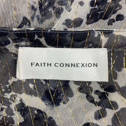 FAITH CONNEXION Size XS Black White Gold Silk Blend Marbled Ruffle Blouse