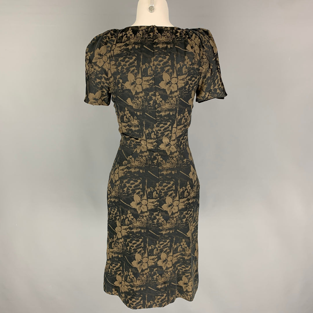 ZAC POSEN Size S Olive Black Floral Short Sleeve Dress