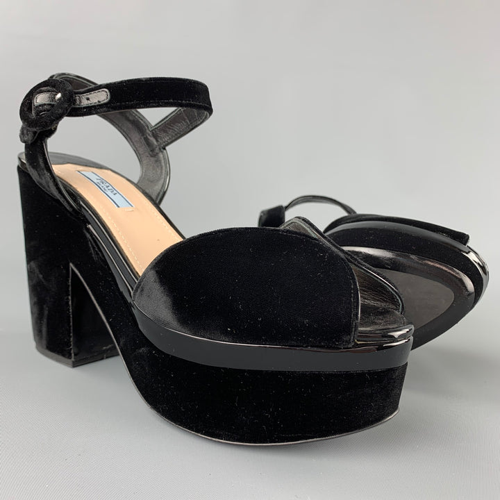 PRADA Size 10 Black Velvet Patent Leather Peep Toe Platform Sandals