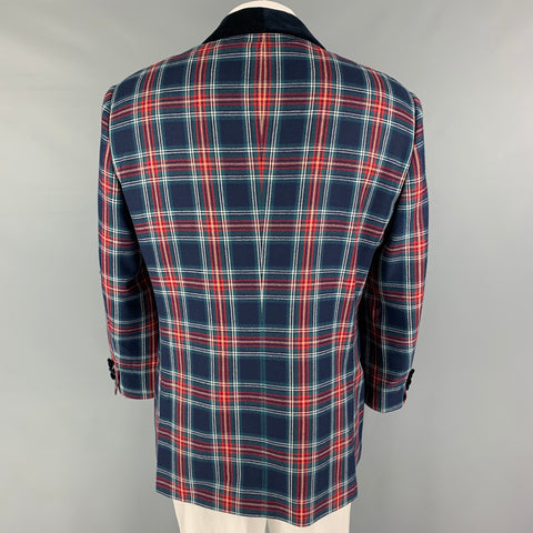 PAUL FREDERICK Size 46 Navy Red Green Plaid Wool Shawl Collar Sport Coat