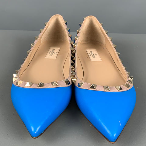 VALENTINO Size 10 Blue Nude Leather Contrast trim Flats