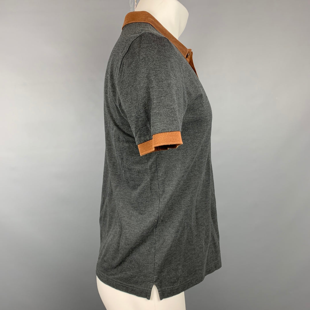 PRADA Size M Charcoal & Brown Pique Buttoned Polo