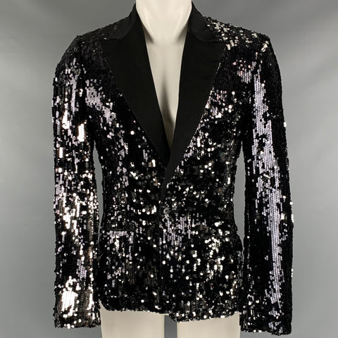 DOLCE & GABBANA Size 38 Black Sequined Peak Lapel Sport Coat