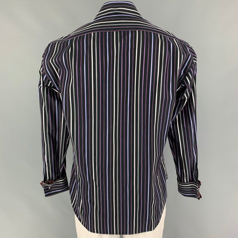 TED BAKER Size L Black Purple Stripe Cotton French Cuff Long Sleeve Shirt