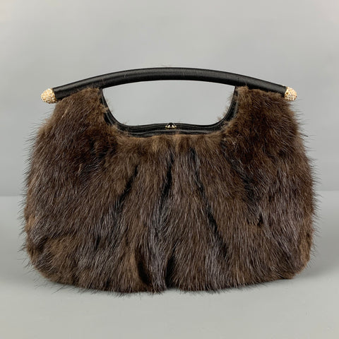JUDITH LEIBER Brown Fur Clutch Top Handles Handbag
