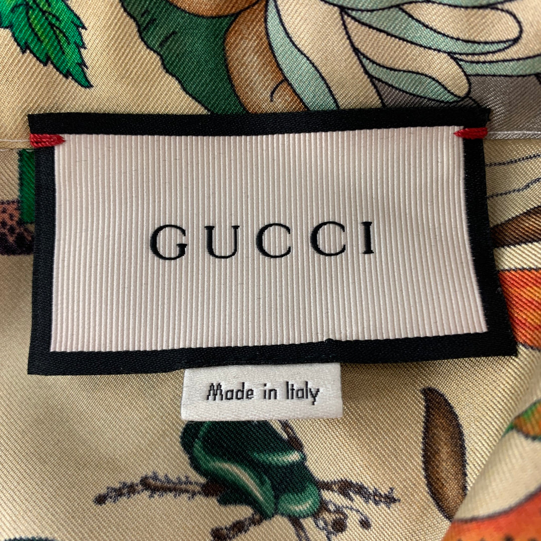 GUCCI Talla XXL Camisa de manga corta Campamento de seda con estampado multicolor beige