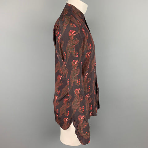 PAUL SMITH Taille S Chemise à manches longues en cupro / coton imprimé dinosaure marron et rouge