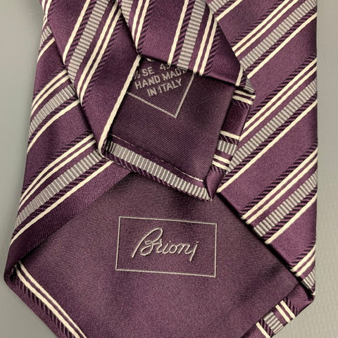 BRIONI Eggplant & White Stripe Silk / Cotton Tie