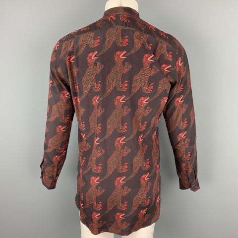 PAUL SMITH Taille S Chemise à manches longues en cupro / coton imprimé dinosaure marron et rouge