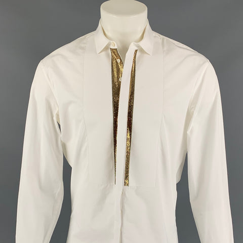 DSQUARED2 Size S White & Gold Cotton Hidden Placket Long Sleeve Shirt
