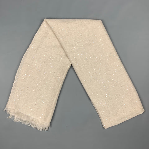 BRUNELLO CUCINELLI Bufanda color crema de cachemira y seda con flecos y lentejuelas