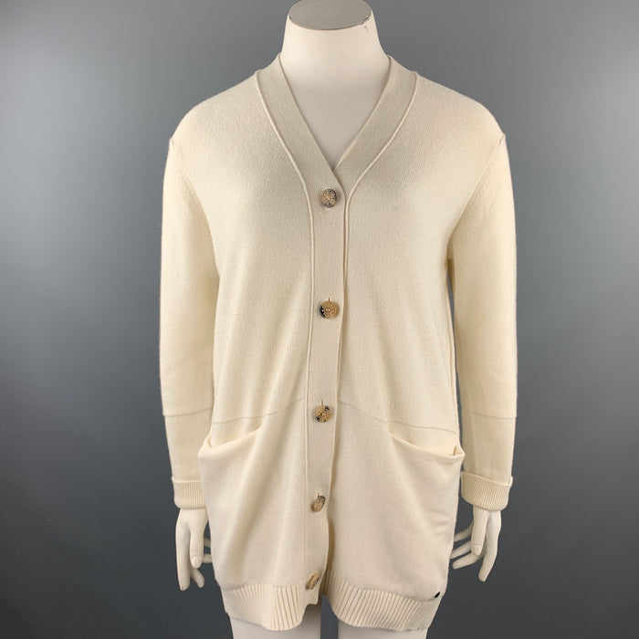 HERMES Size 10 Cream Knitted Cashmere Buttoned Cardigan
