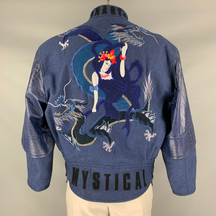 KANSAI YAMAMOTO Size L Blue Multicolour Dragon Embroidered MYSTICAL Wool &  Leather Jacket