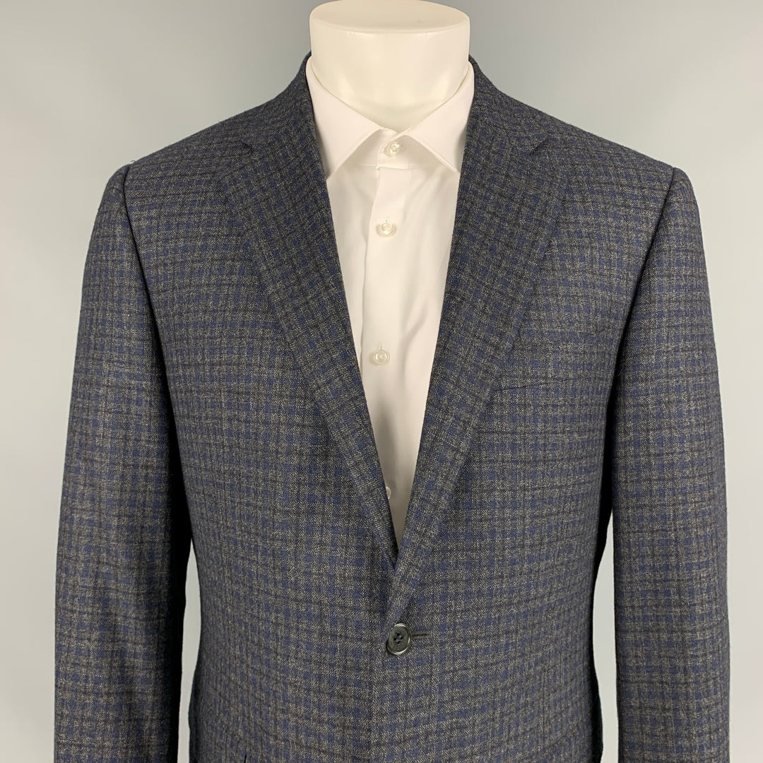 CANALI Size 34 Grey & Navy Plaid Wool Single Breasted Sport Coat