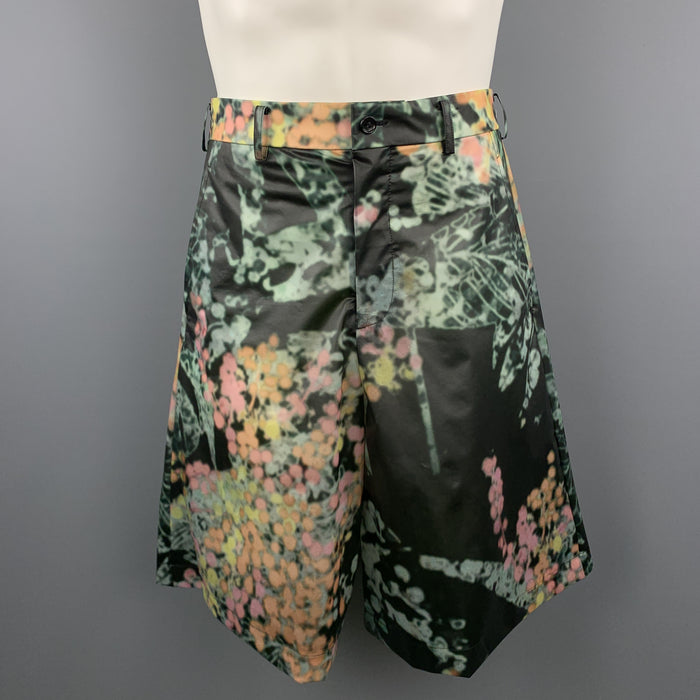 COMME des GARCONS HOMME PLUS Size S Black & Green Marbled Floral PVC Shorts