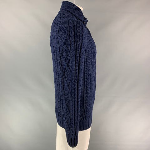BRUNELLO CUCINELLI Size L Navy Cable Knit Cotton / Polyamide Shawl Collar Sweater