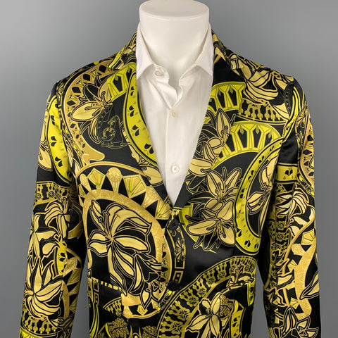 VERSACE JEANS Size 40 Black & Gold Print Polyester Notch Lapel Sport Coat