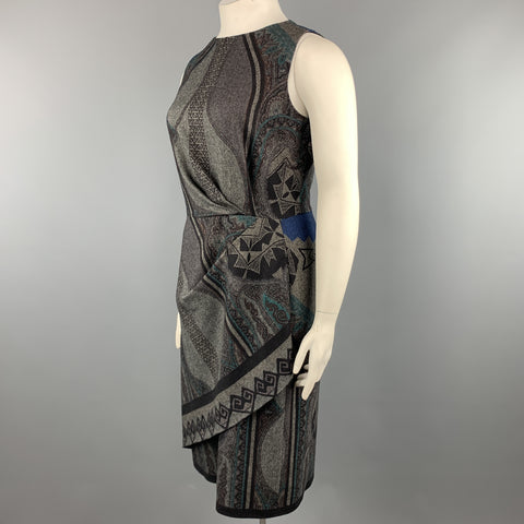 ETRO Talla 12 Vestido recto drapeado sin mangas de mezcla de lana estampada gris