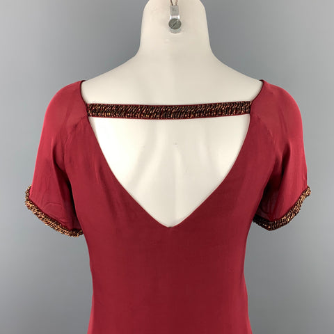 REBECCA MINKOFF Size 4 Burgundy Beaded Silk Blouse