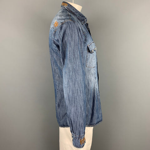 DANIELE ALESSANDRINI Size L Indigo Distressed Snaps Long Sleeve Shirt
