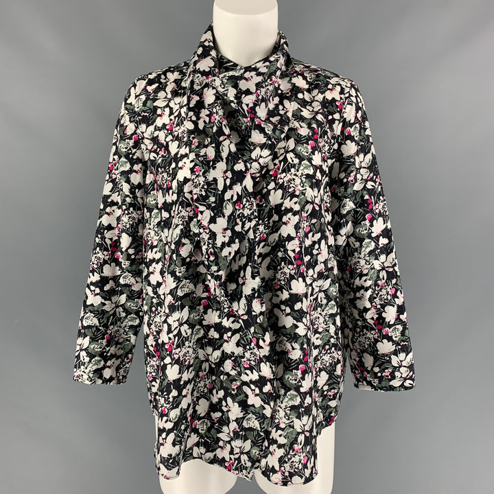 ACNE STUDIOS Talla 2 Blusa con botones ocultos florales de seda negra, blanca y fucsia