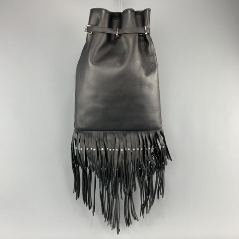 ROBERTO CAVALLI Black Leather Studded Fring Bucket Backpack