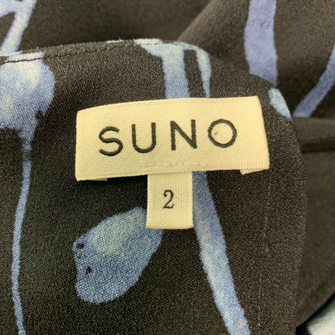 SUNO Size 2 Black Blue Silk Elastane Abstract floral Sleeveless Dress