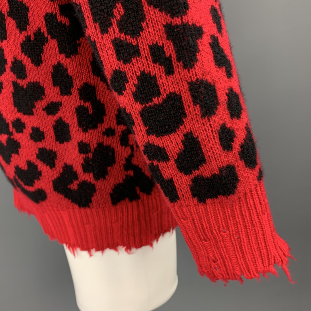 R13 Size XS Red & Black Leopard  Print Cashmere Oversized Distressed Hooded Sweater