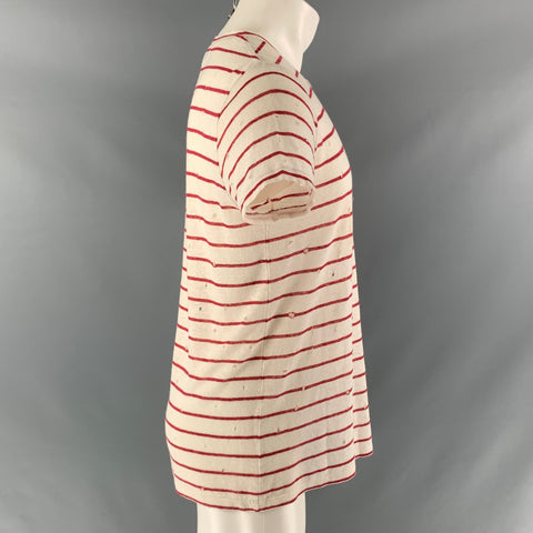 IRO Size S White Red Stripe Linen Crew-Neck T-shirt