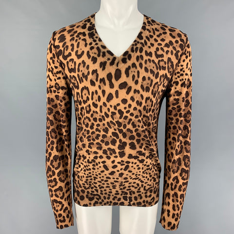 DOLCE & GABBANA Size S Tan Brown Animal Print Cotton Rayon V-Neck Pullover