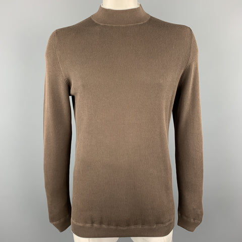BRUNELLO CUCINELLI Size XL Brown Ribbed Knit Cotton High Mockj Neck Collar Pullover