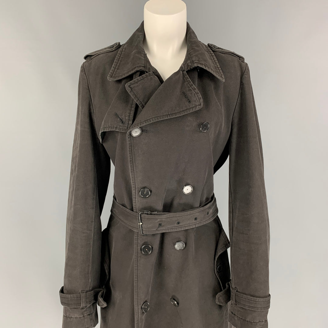 VERONIQUE BRANQUINHO Size 12 Charcoal Cotton Double Breasted Belted Trench Coat