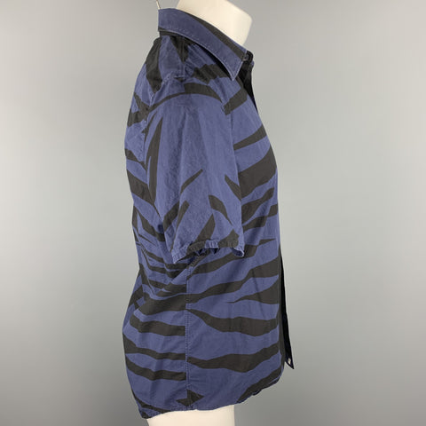 BURBERRY PRORSUM Size M Navy & Black Print Cotton Button Up Short Sleeve Shirt